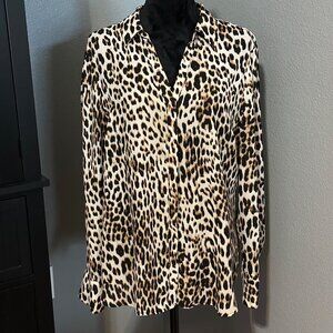 Worthington Womens Blouse XL Leopard Print Button Up Long Sleeve Animal Print